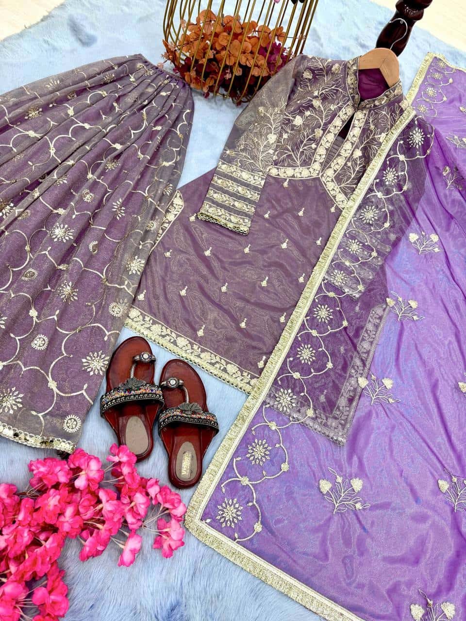 "Luxurious Pur Twil Gold Net Embroidered Suit Set with Sequence Work and Fancy Lace Border"