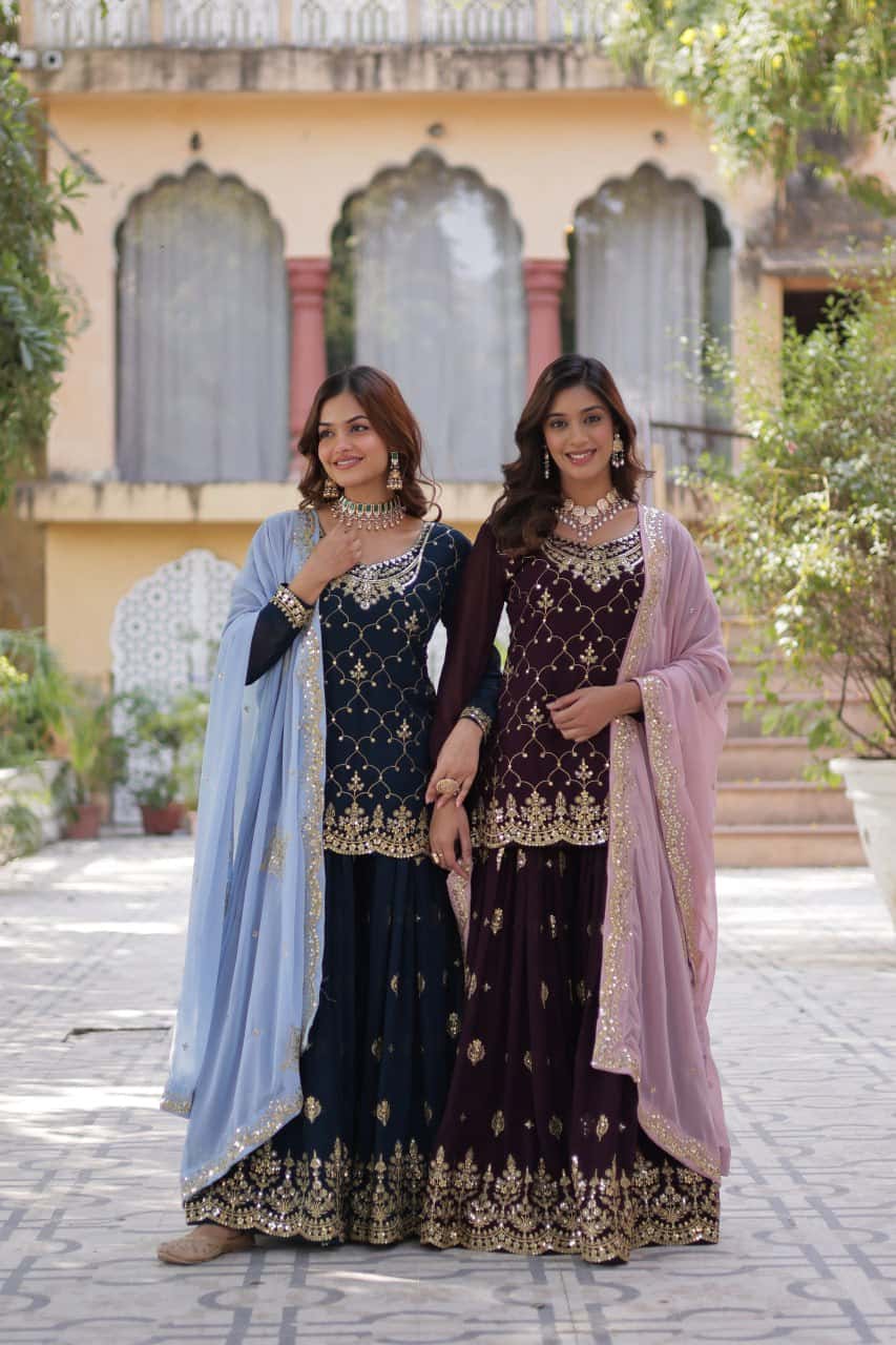 "Elegant Faux Blooming Embroidered Kurti, Plazzo & Dupatta Set with Sequins Work"