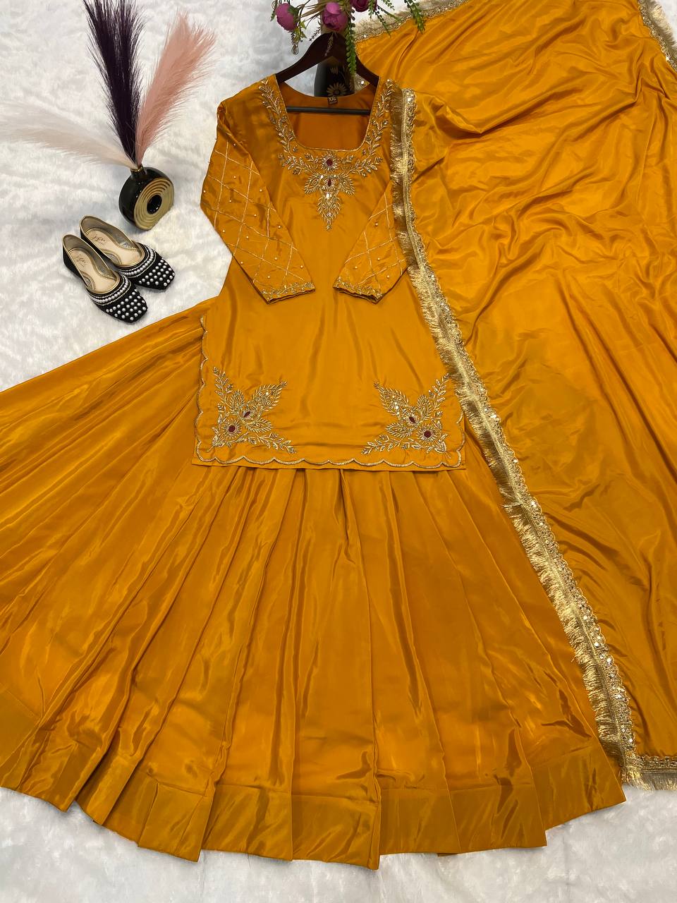 Ready to wear designer Pakistani bride wear Crepe Silk lehenga choli with dupatta set