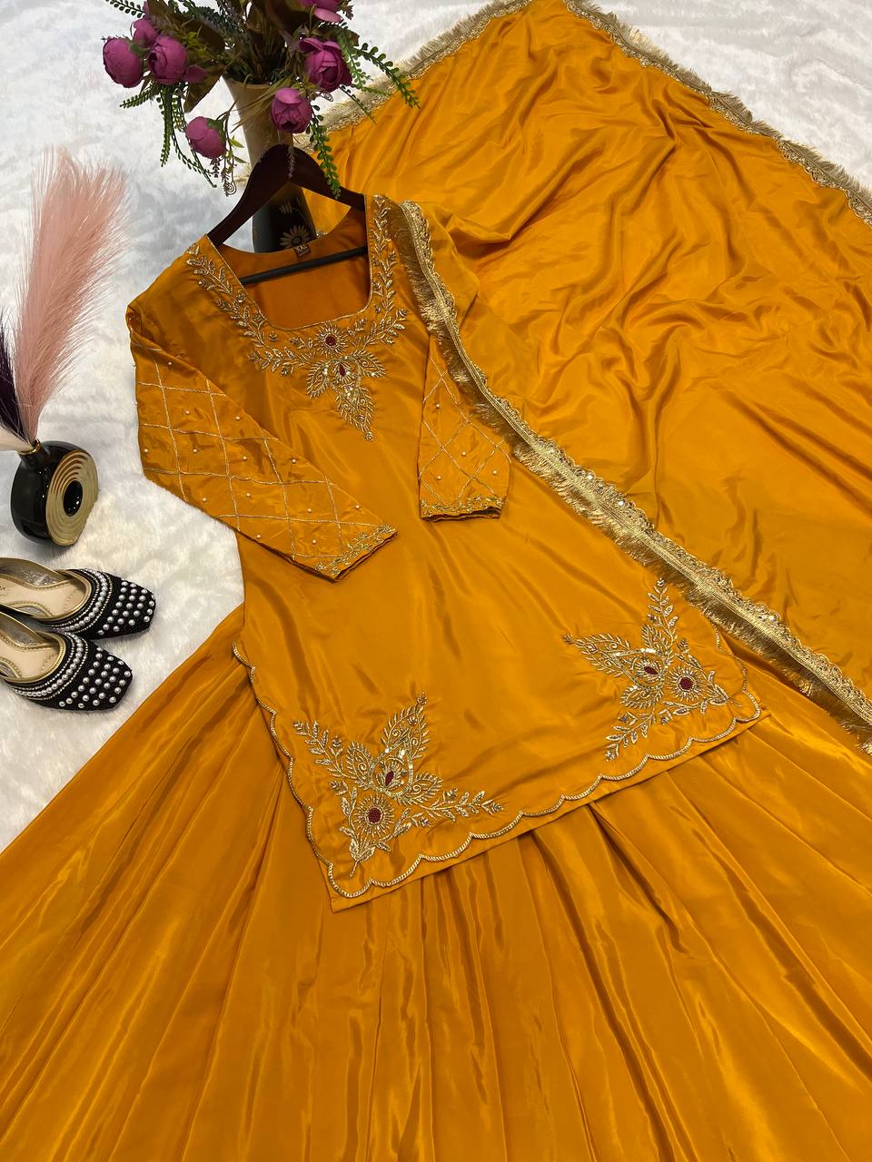 Ready to wear designer Pakistani bride wear Crepe Silk lehenga choli with dupatta set