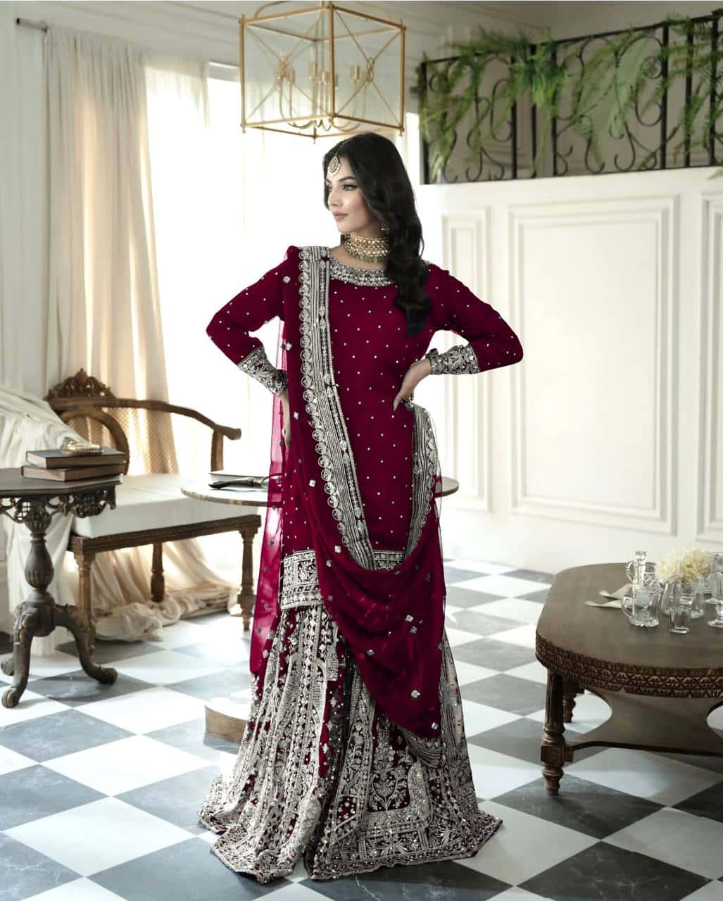 Heavy Faux Georgette Embroidered Top and Gharara with Dupatta Set