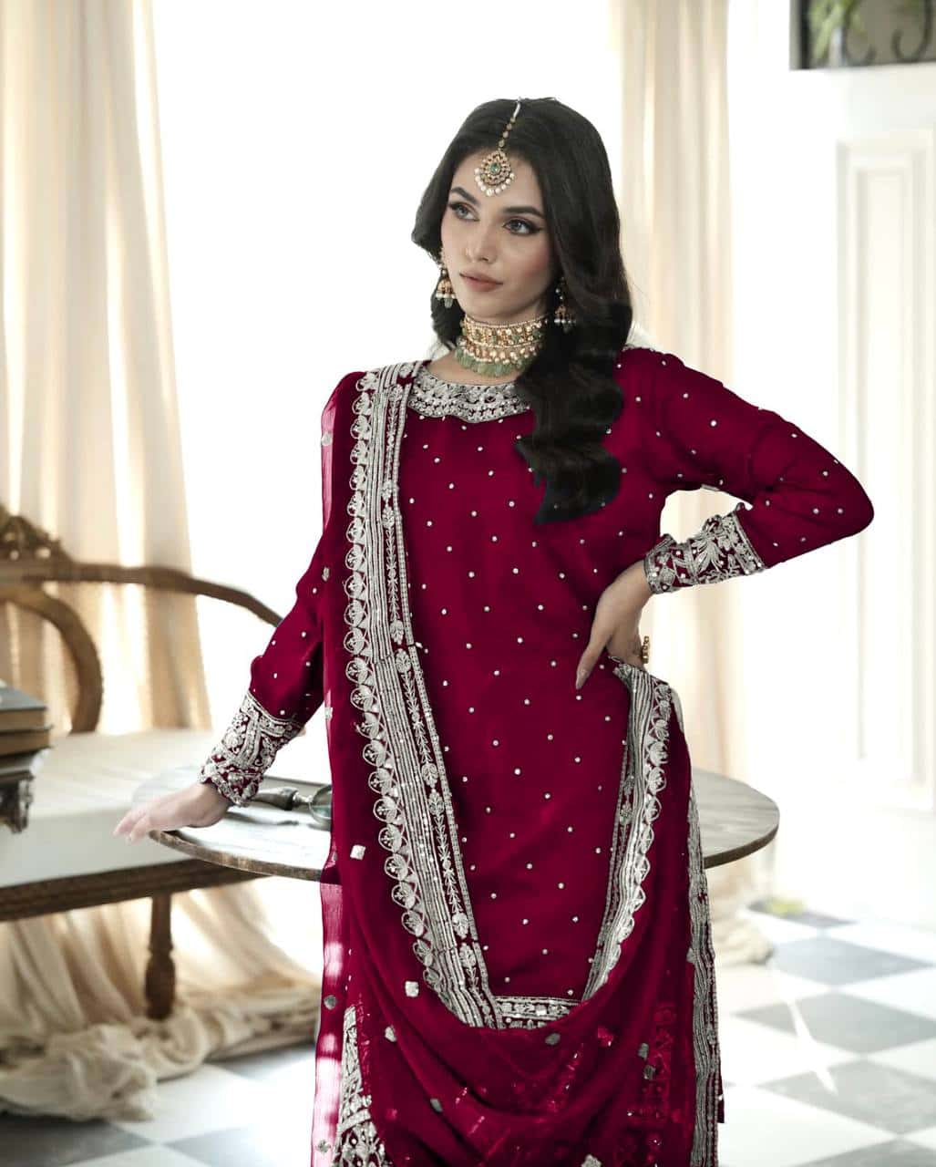 Heavy Faux Georgette Embroidered Top and Gharara with Dupatta Set
