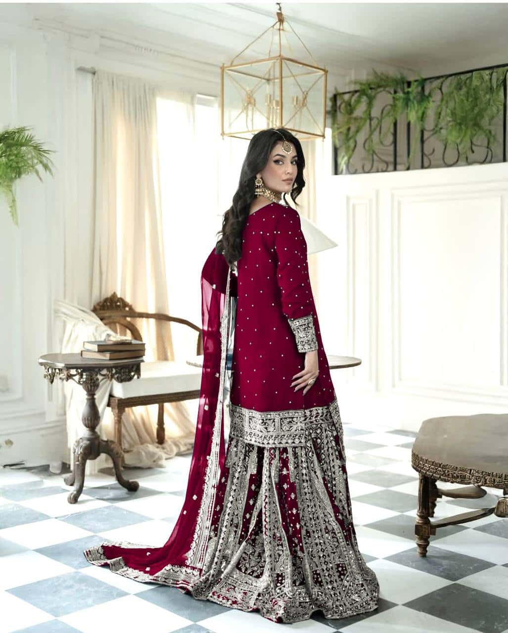 Heavy Faux Georgette Embroidered Top and Gharara with Dupatta Set