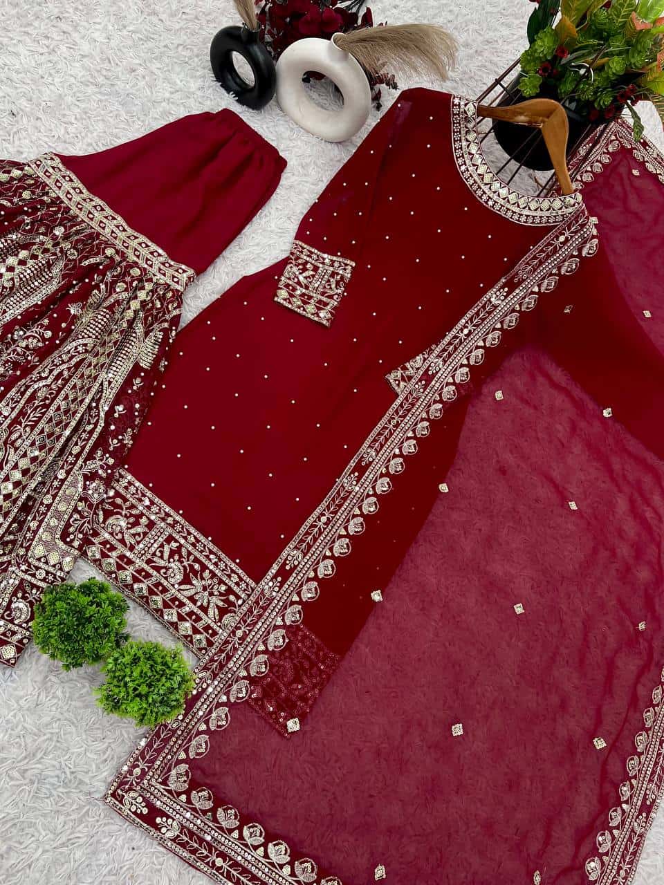 Heavy Faux Georgette Embroidered Top and Gharara with Dupatta Set