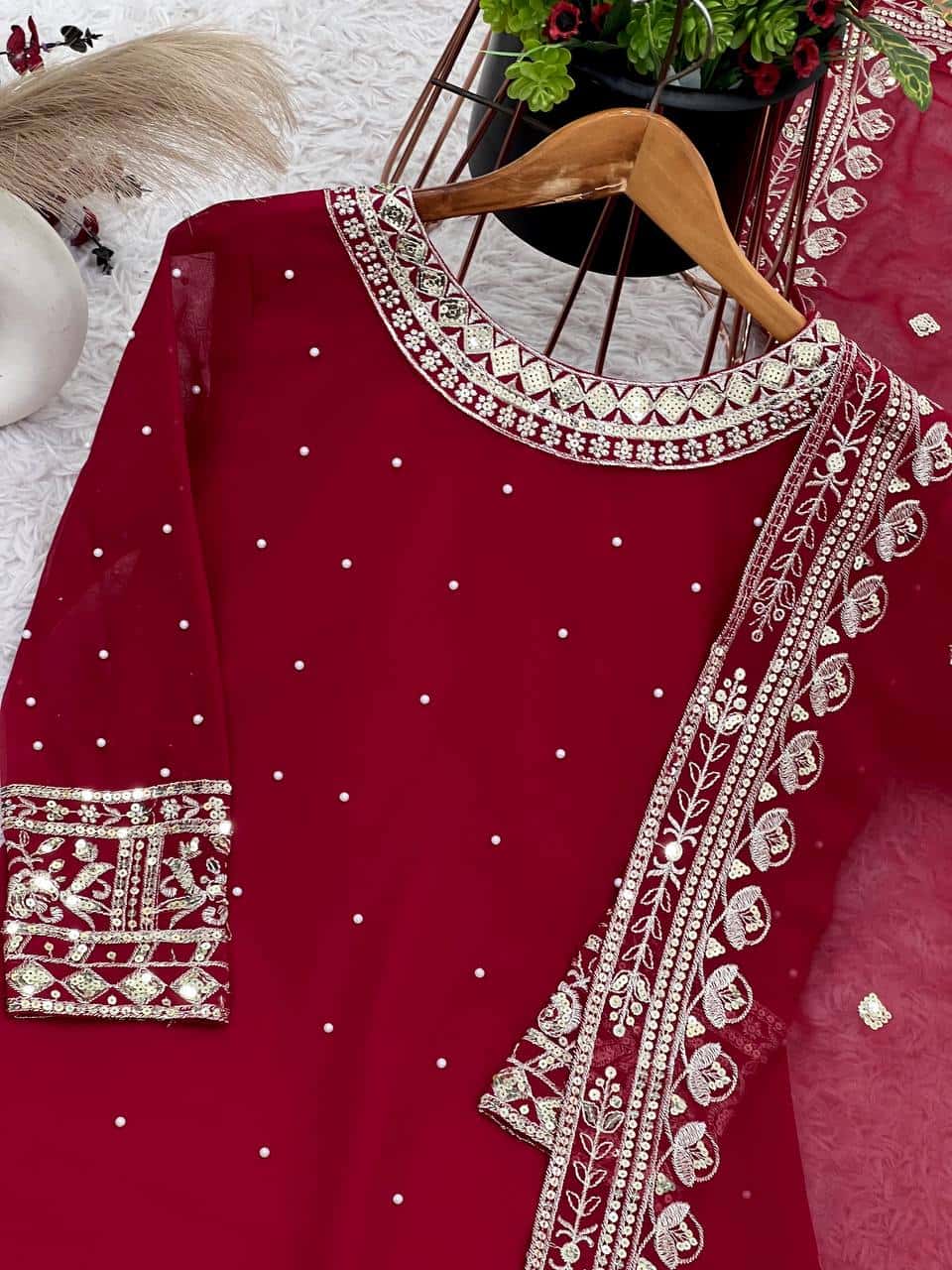 Heavy Faux Georgette Embroidered Top and Gharara with Dupatta Set