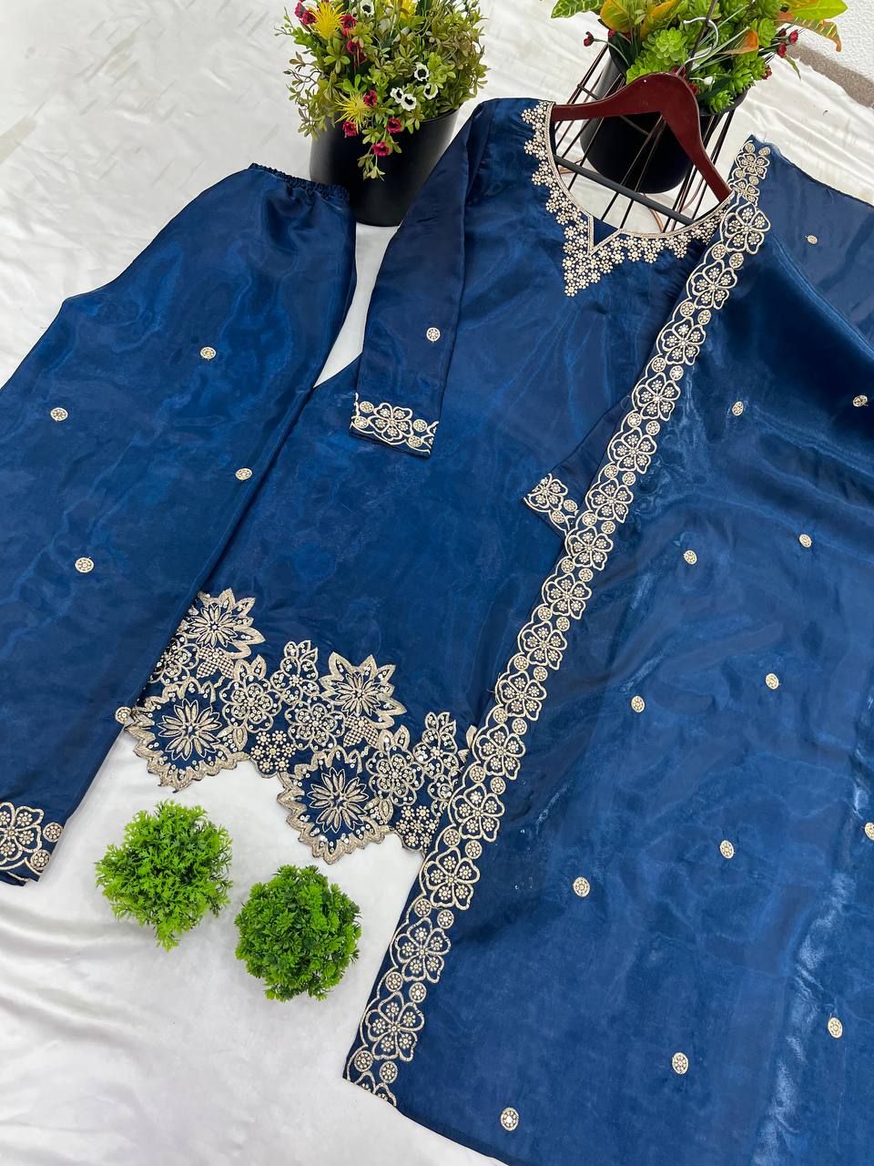 Latest designer silk hand embroidered short kurta palazzo with dupatta sets