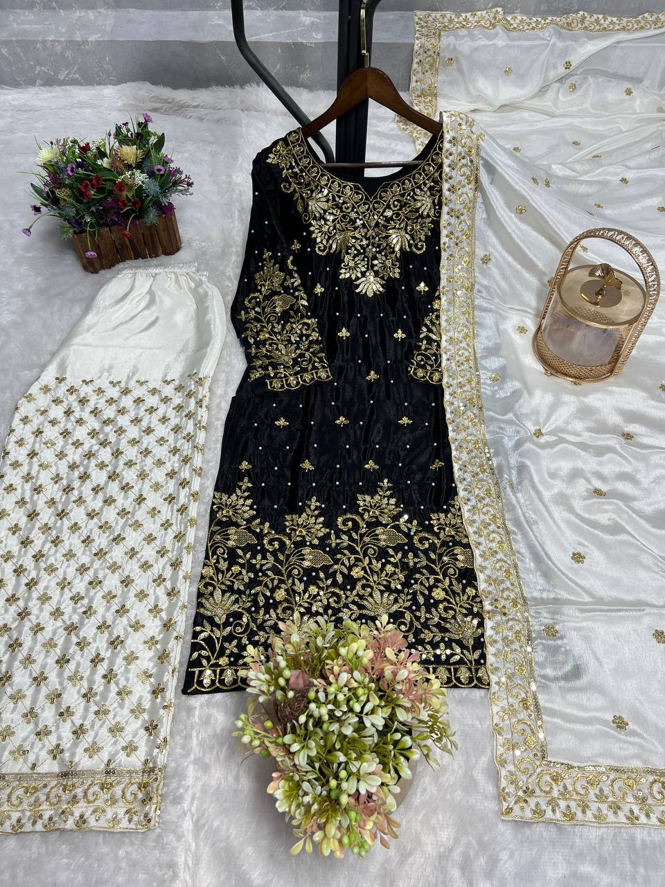 Black handwork top palazzo with dupatta sets