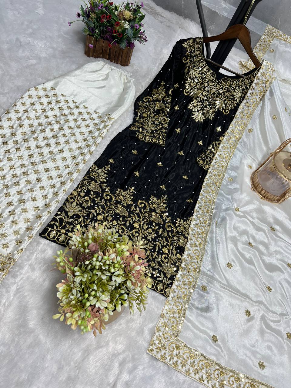 Black handwork top palazzo with dupatta sets