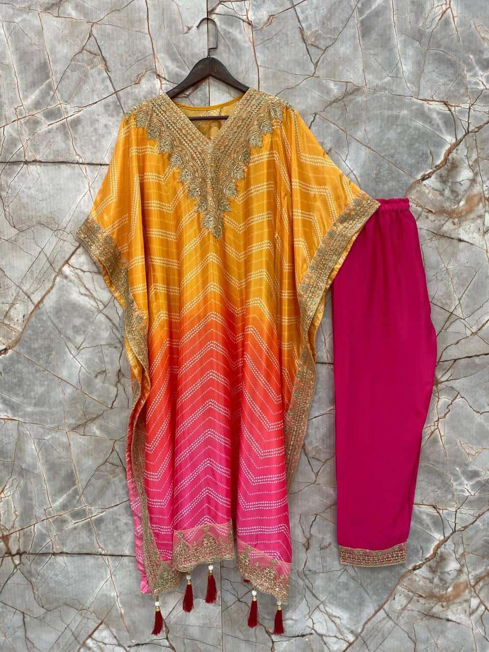 Bandhani print sequence work kaftan with pant