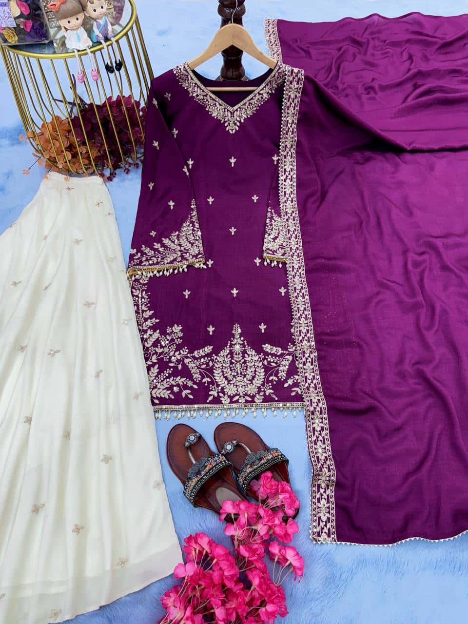 "Elegant Heavy Pur Chinon Silk Embroidered Suit Set with Sequence Work, Moti Latkan Border, and Matching Plazzo & Dupatta"