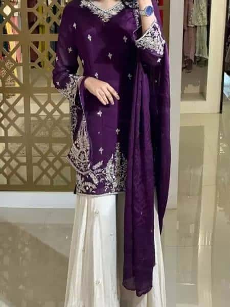 "Elegant Heavy Pur Chinon Silk Embroidered Suit Set with Sequence Work, Moti Latkan Border, and Matching Plazzo & Dupatta"