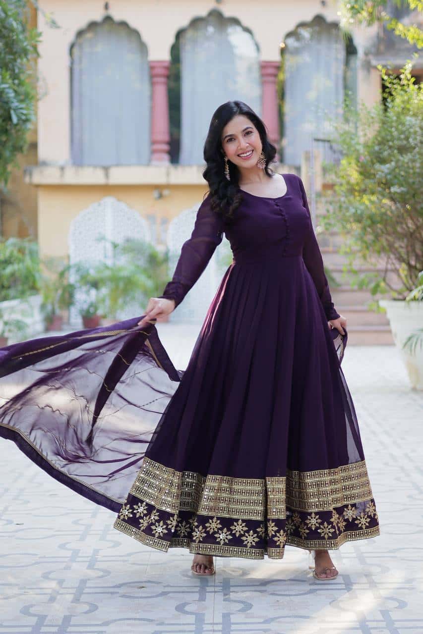 "Elegantly Embellished Faux Blooming Sequin Gown with Dupatta – Perfect for Festive Occasions"