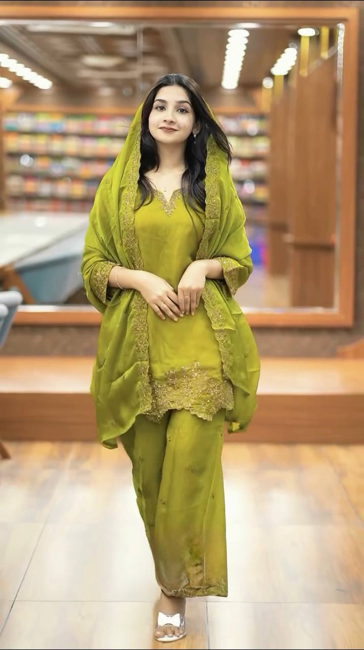 Latest designer silk hand embroidered short kurta palazzo with dupatta sets