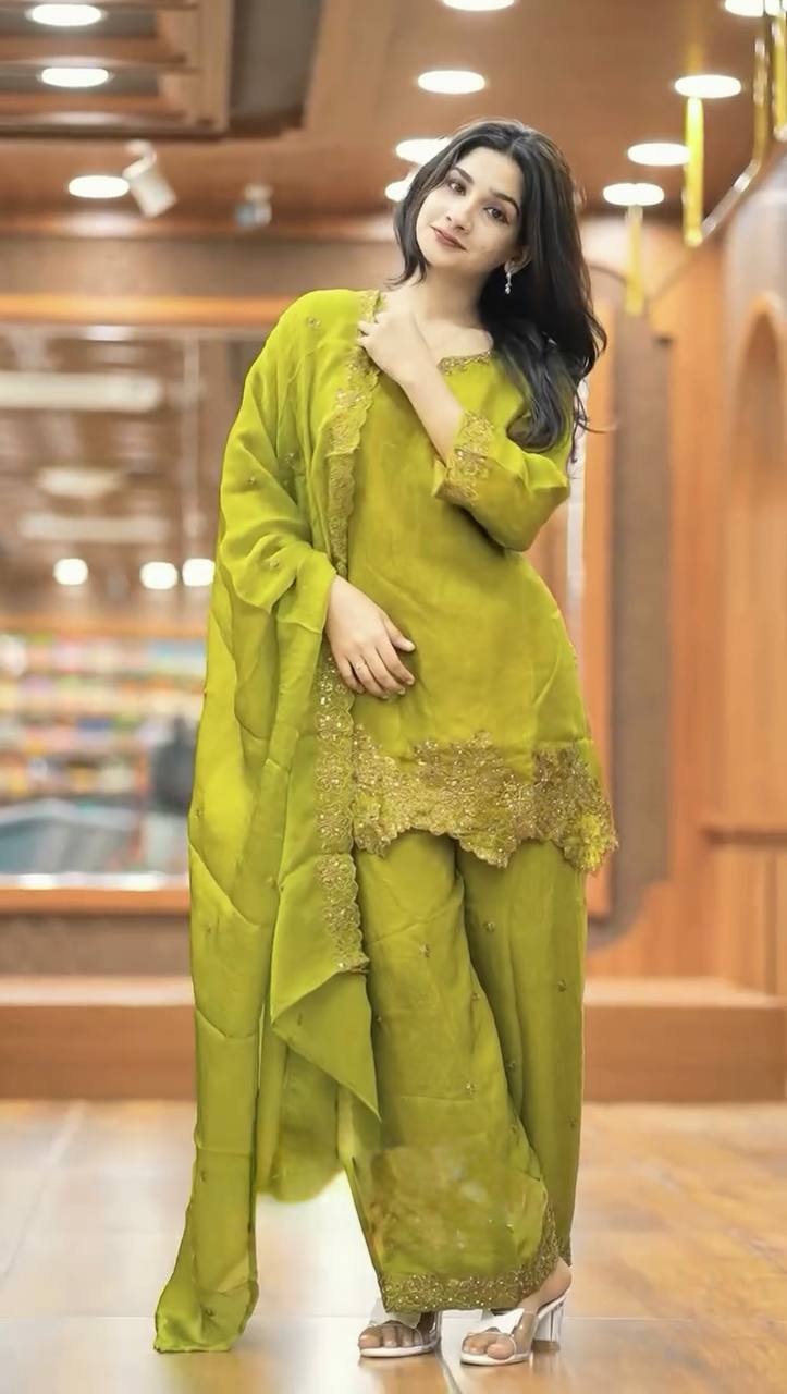 Latest designer silk hand embroidered short kurta palazzo with dupatta sets