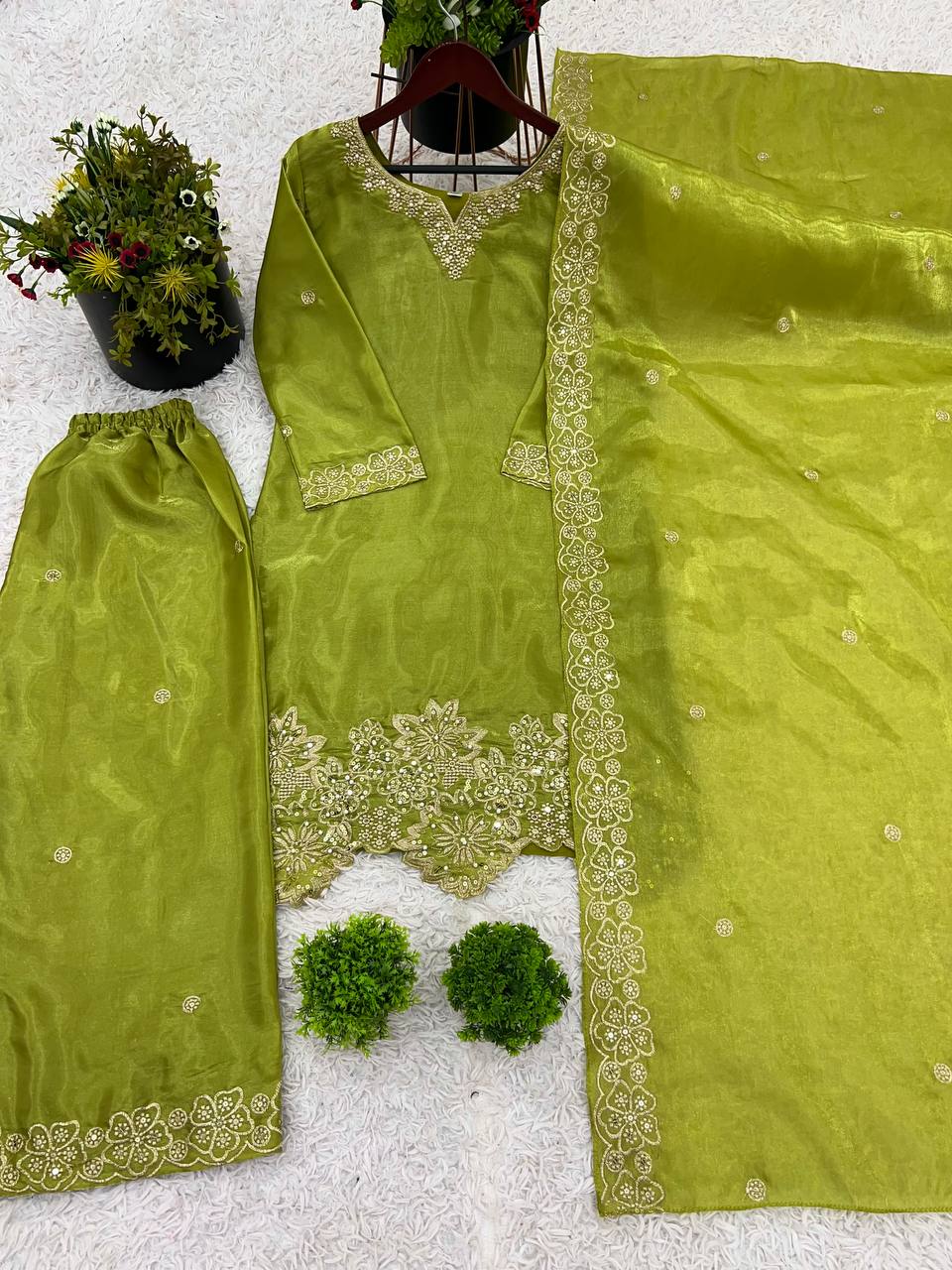 Latest designer silk hand embroidered short kurta palazzo with dupatta sets