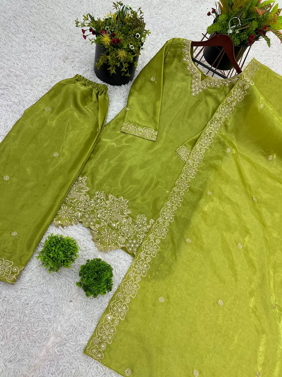 Latest designer silk hand embroidered short kurta palazzo with dupatta sets