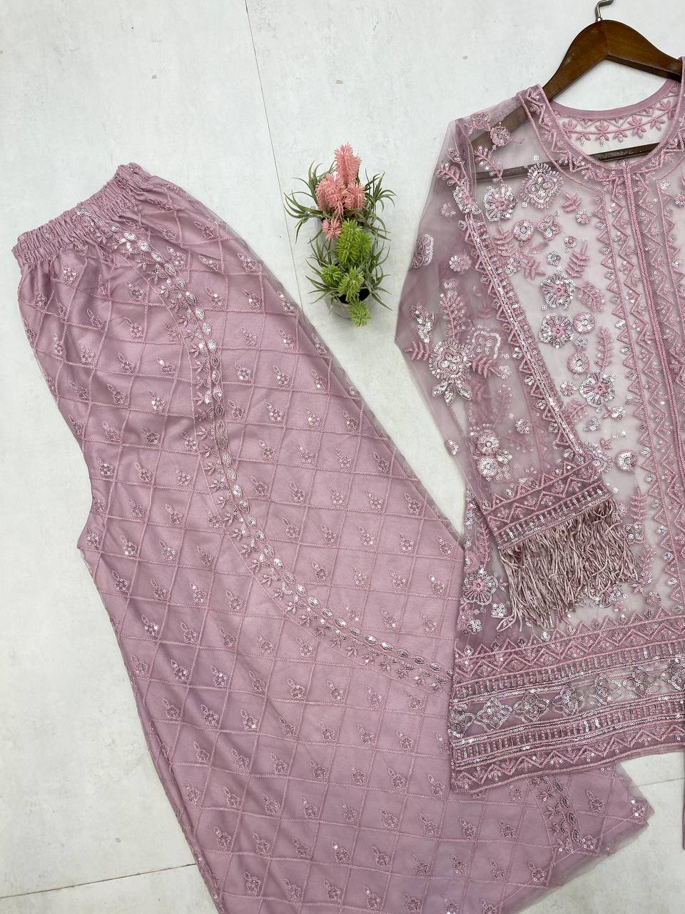Designer Butterfly Net Top Palazzo Set with Blouse