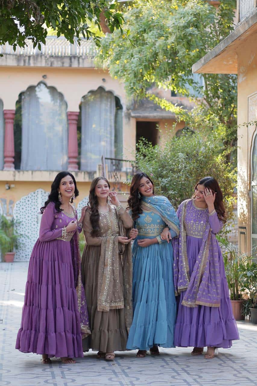 "Premium Star Georgette Gown with Rich Sequins Embroidery & Lace Dupatta "