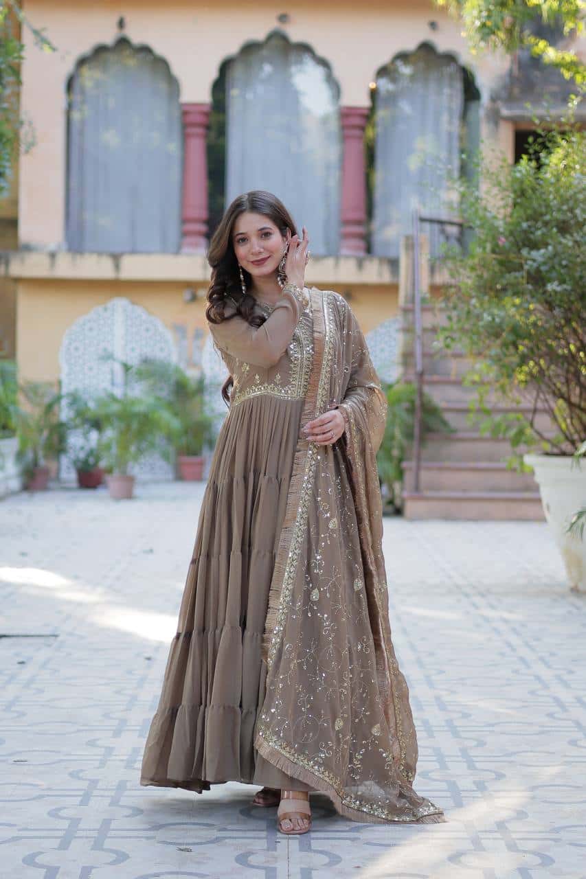 "Premium Star Georgette Gown with Rich Sequins Embroidery & Lace Dupatta "