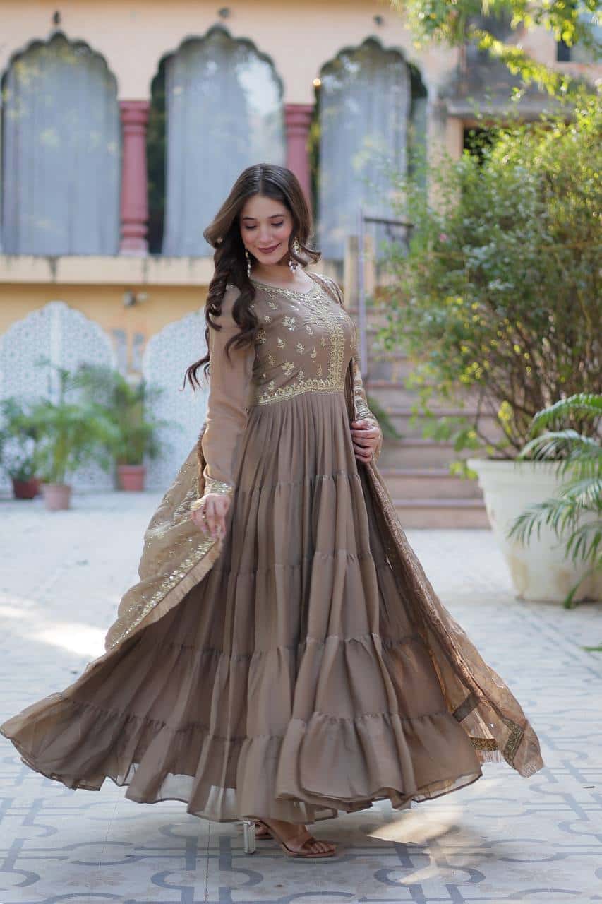 "Premium Star Georgette Gown with Rich Sequins Embroidery & Lace Dupatta "