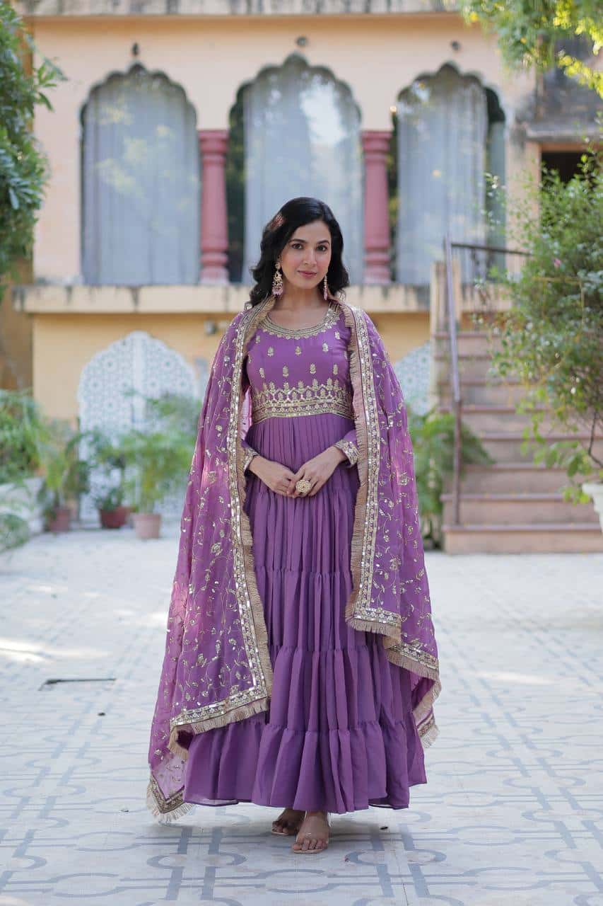 "Premium Star Georgette Gown with Rich Sequins Embroidery & Lace Dupatta "