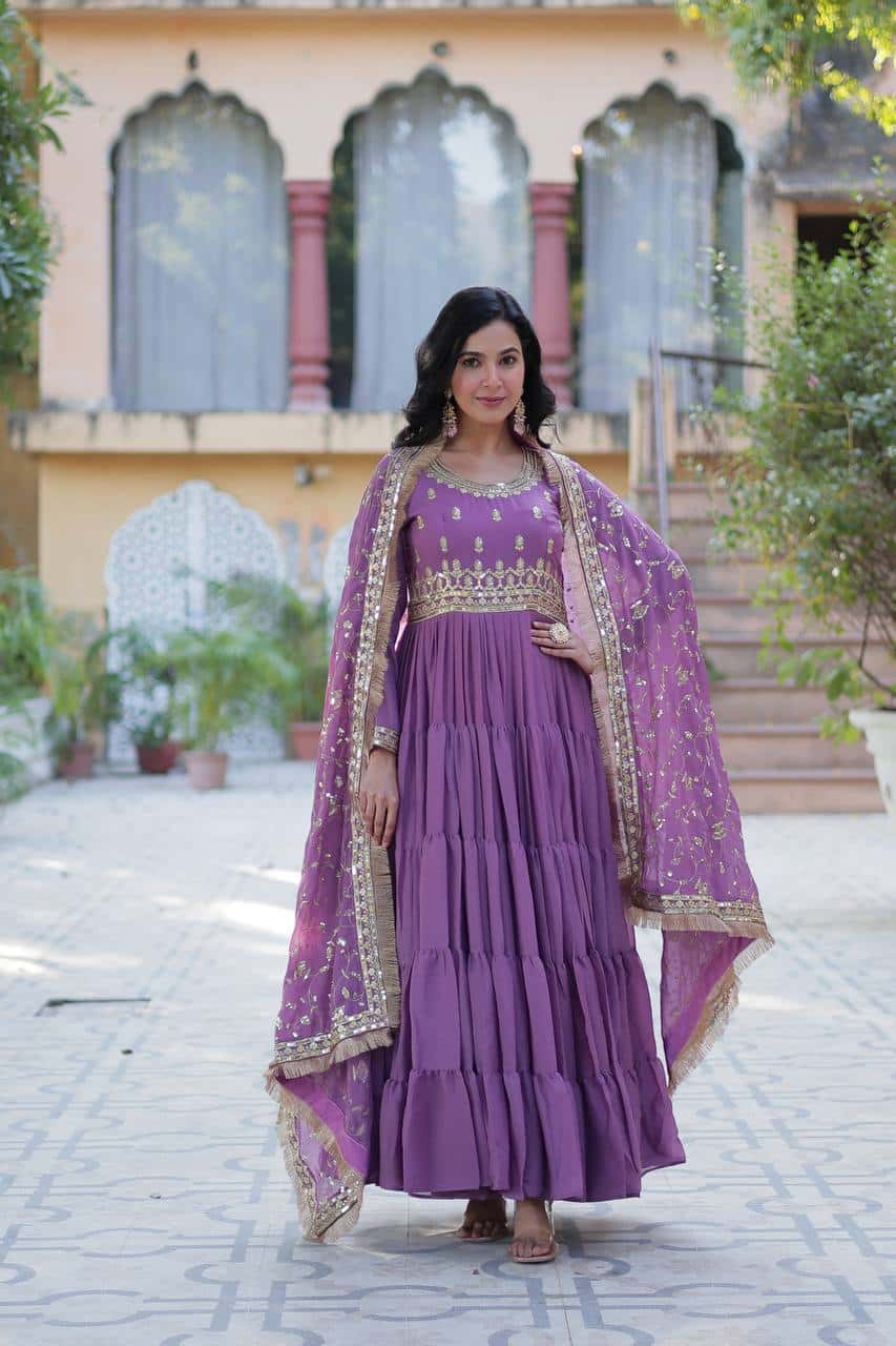 "Premium Star Georgette Gown with Rich Sequins Embroidery & Lace Dupatta "
