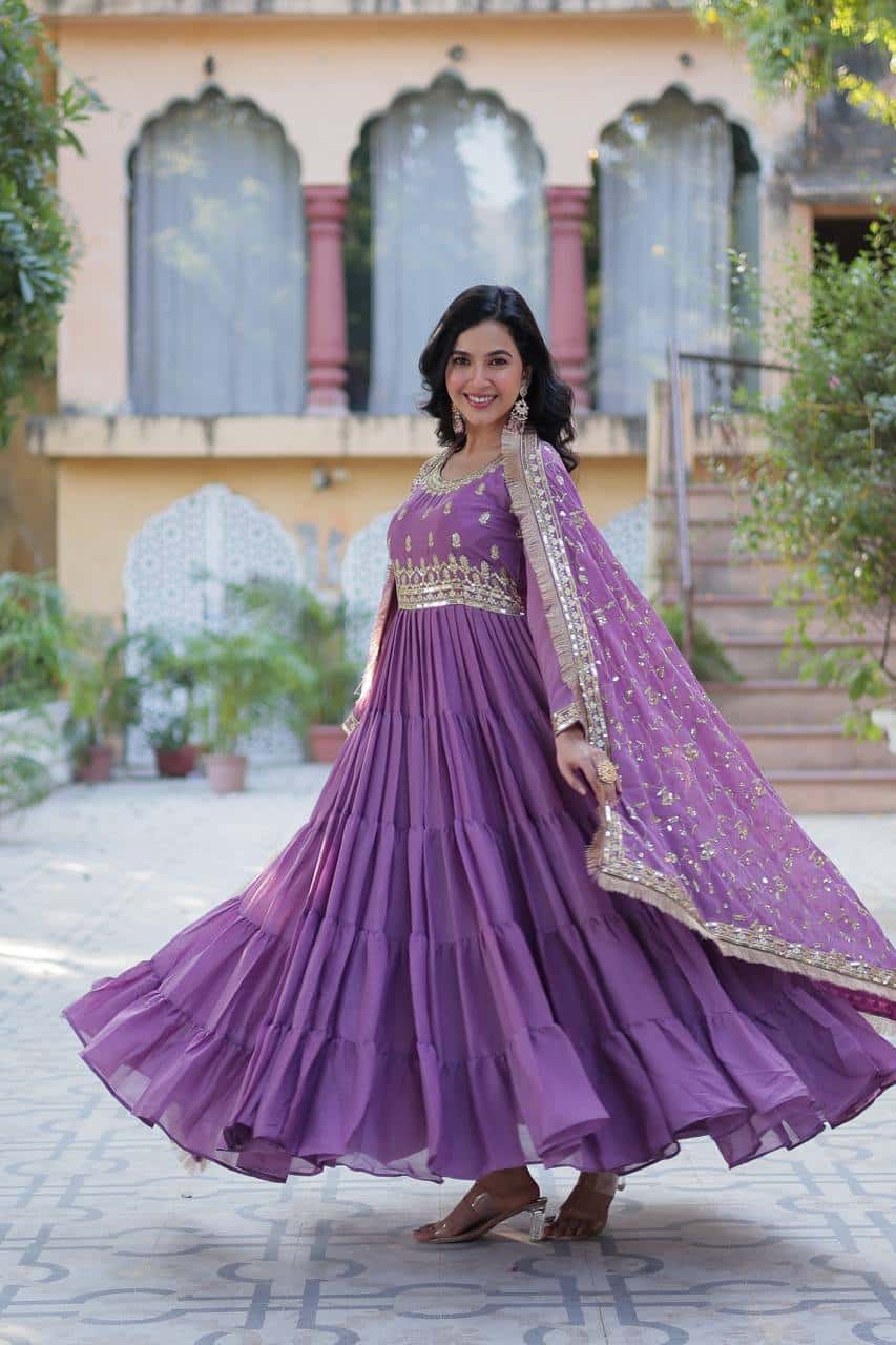 "Premium Star Georgette Gown with Rich Sequins Embroidery & Lace Dupatta "