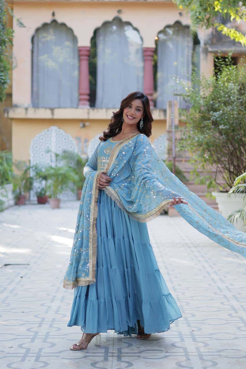 "Premium Star Georgette Gown with Rich Sequins Embroidery & Lace Dupatta "