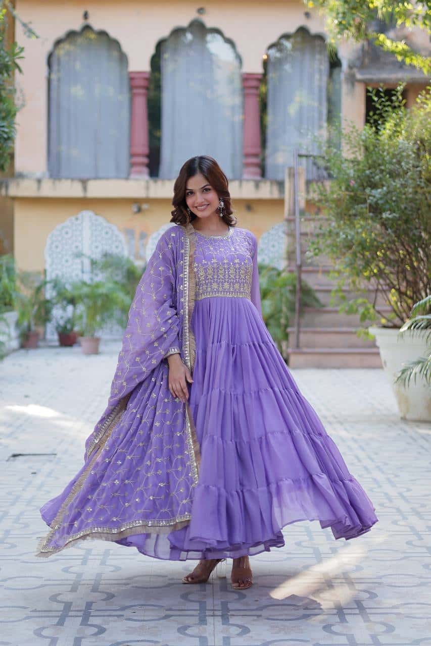 "Premium Star Georgette Gown with Rich Sequins Embroidery & Lace Dupatta "