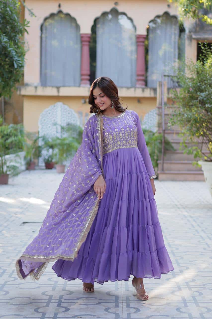 "Premium Star Georgette Gown with Rich Sequins Embroidery & Lace Dupatta "