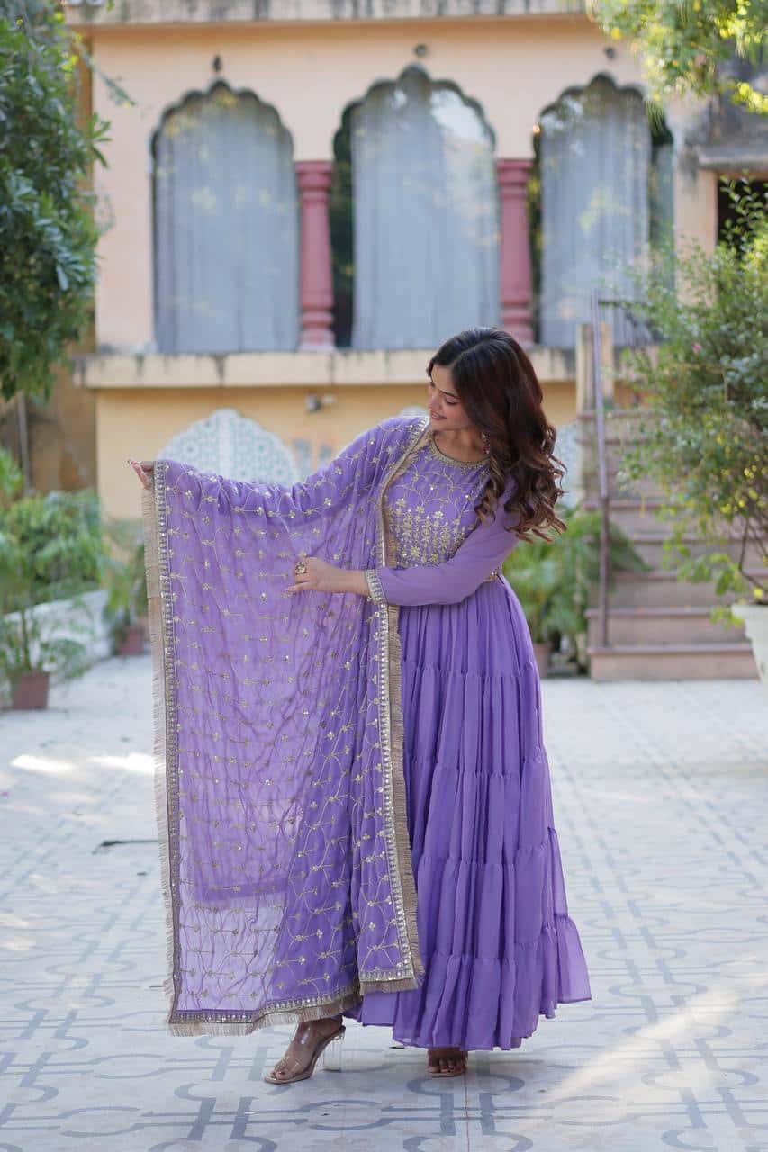 "Premium Star Georgette Gown with Rich Sequins Embroidery & Lace Dupatta "
