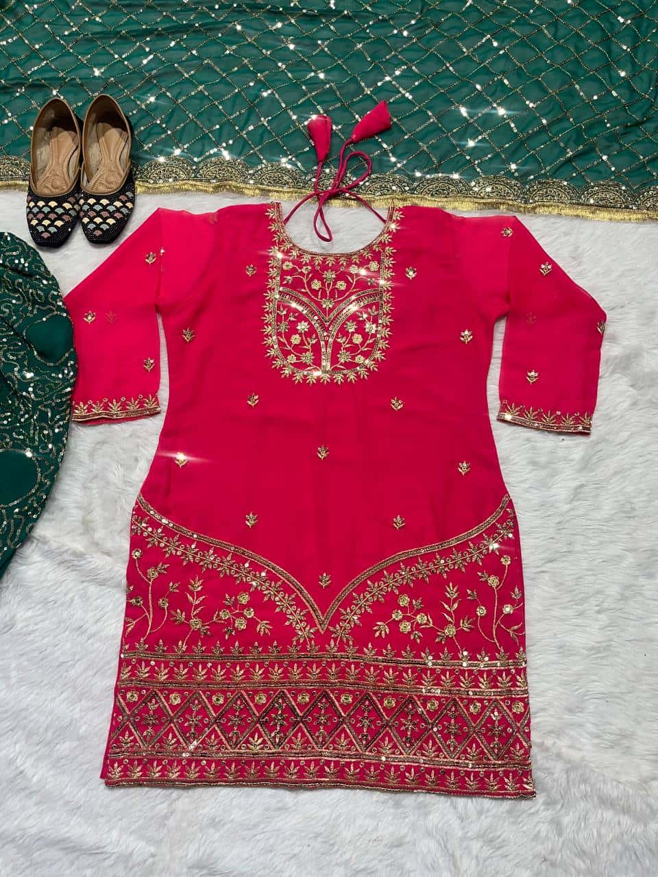 Beautiful faux georgette orange and green punjabi dhoti set