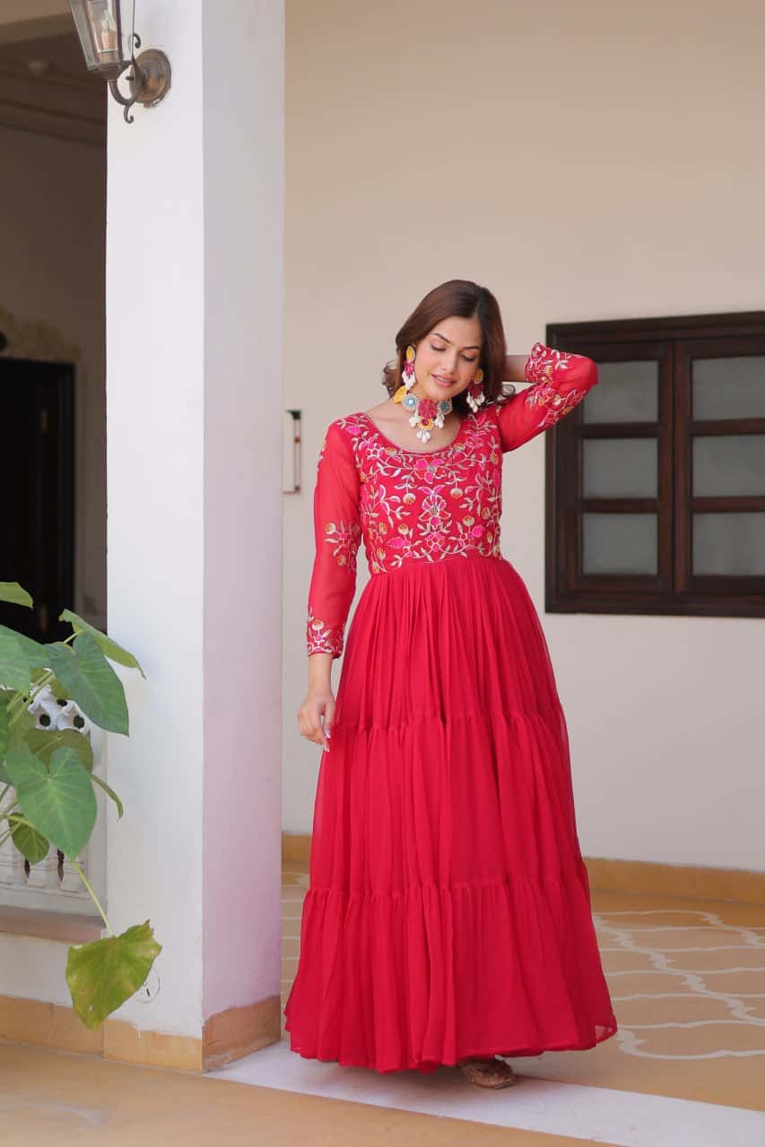 Full flared faux georgette hand embroidered gown