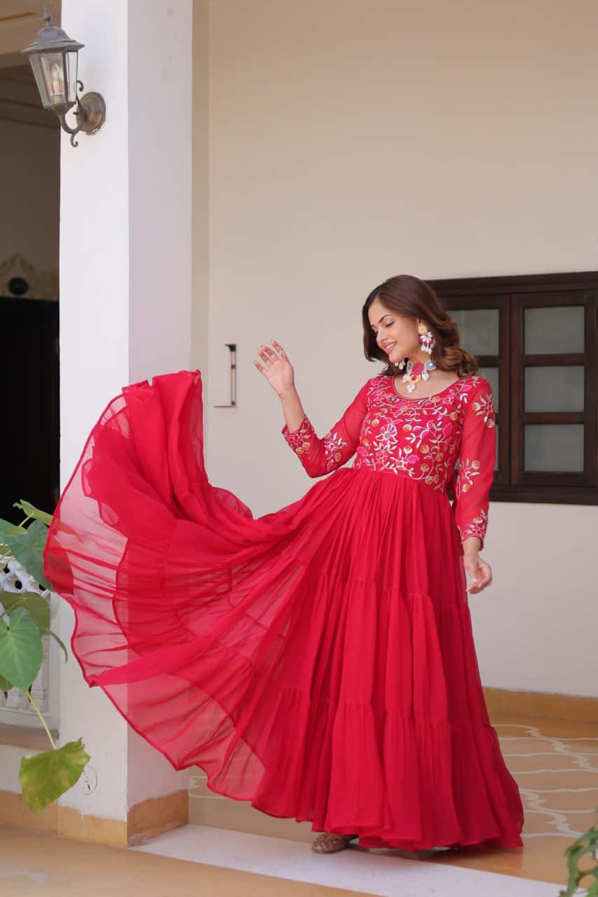 Full flared faux georgette hand embroidered gown