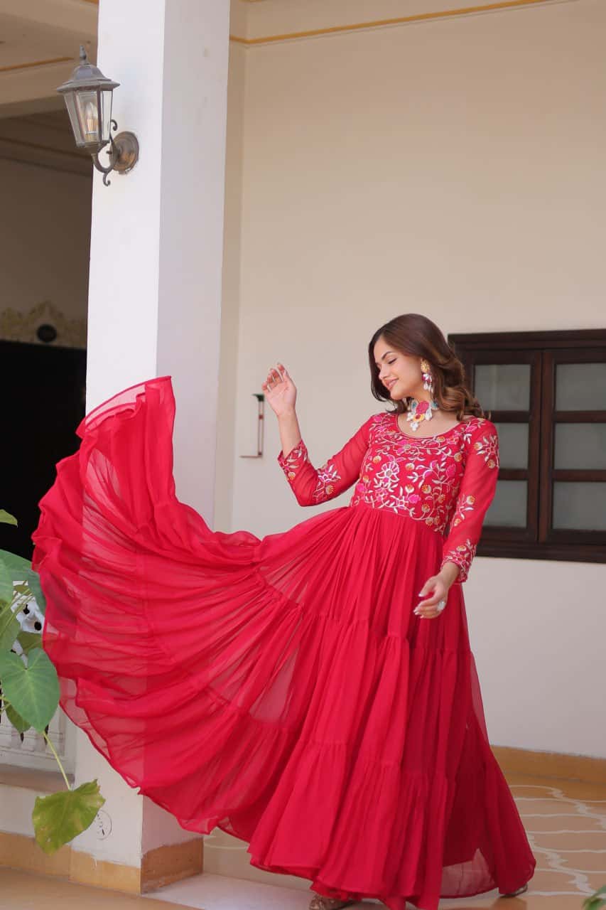 Full flared faux georgette hand embroidered gown