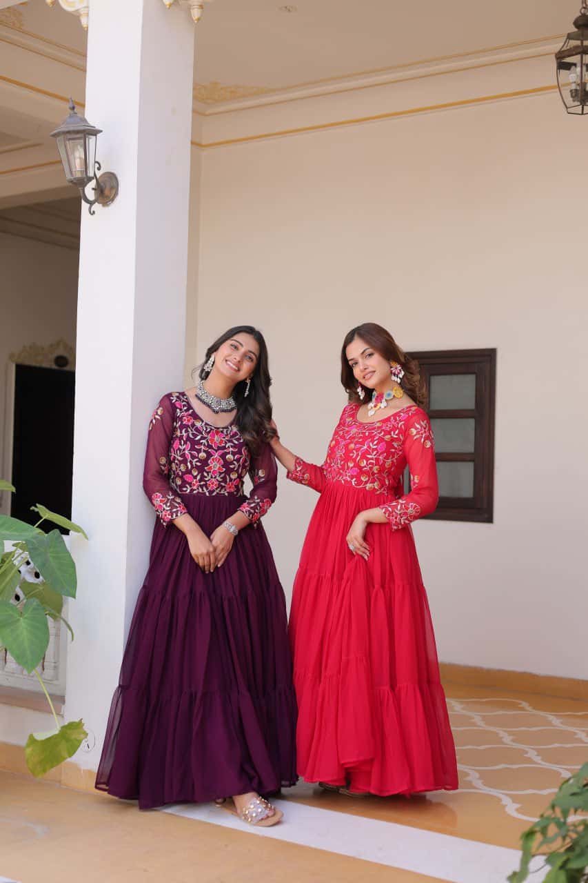 Full flared faux georgette hand embroidered gown