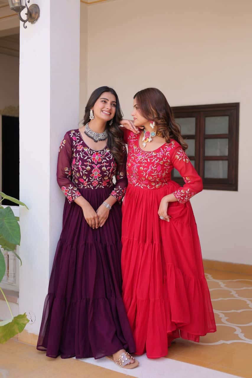 Full flared faux georgette hand embroidered gown