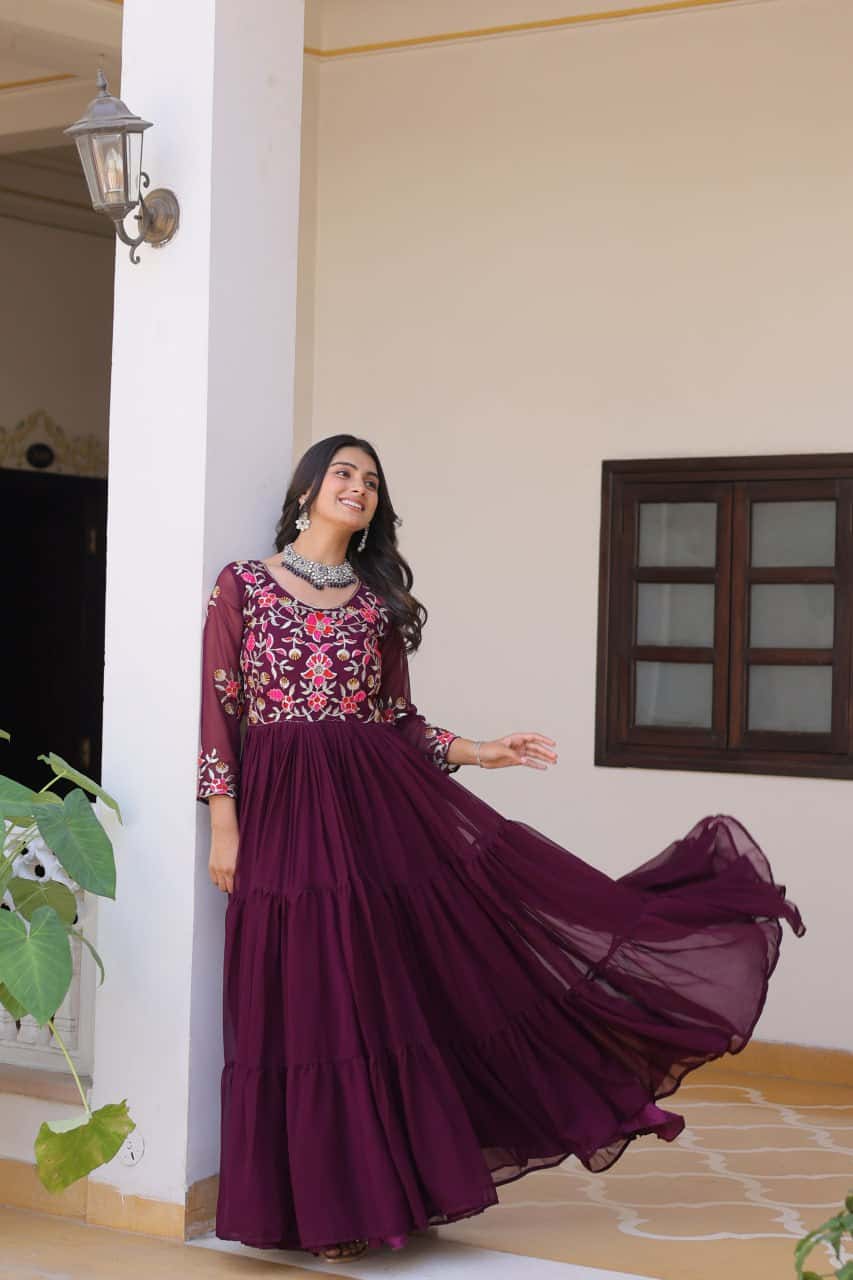 Full flared faux georgette hand embroidered gown