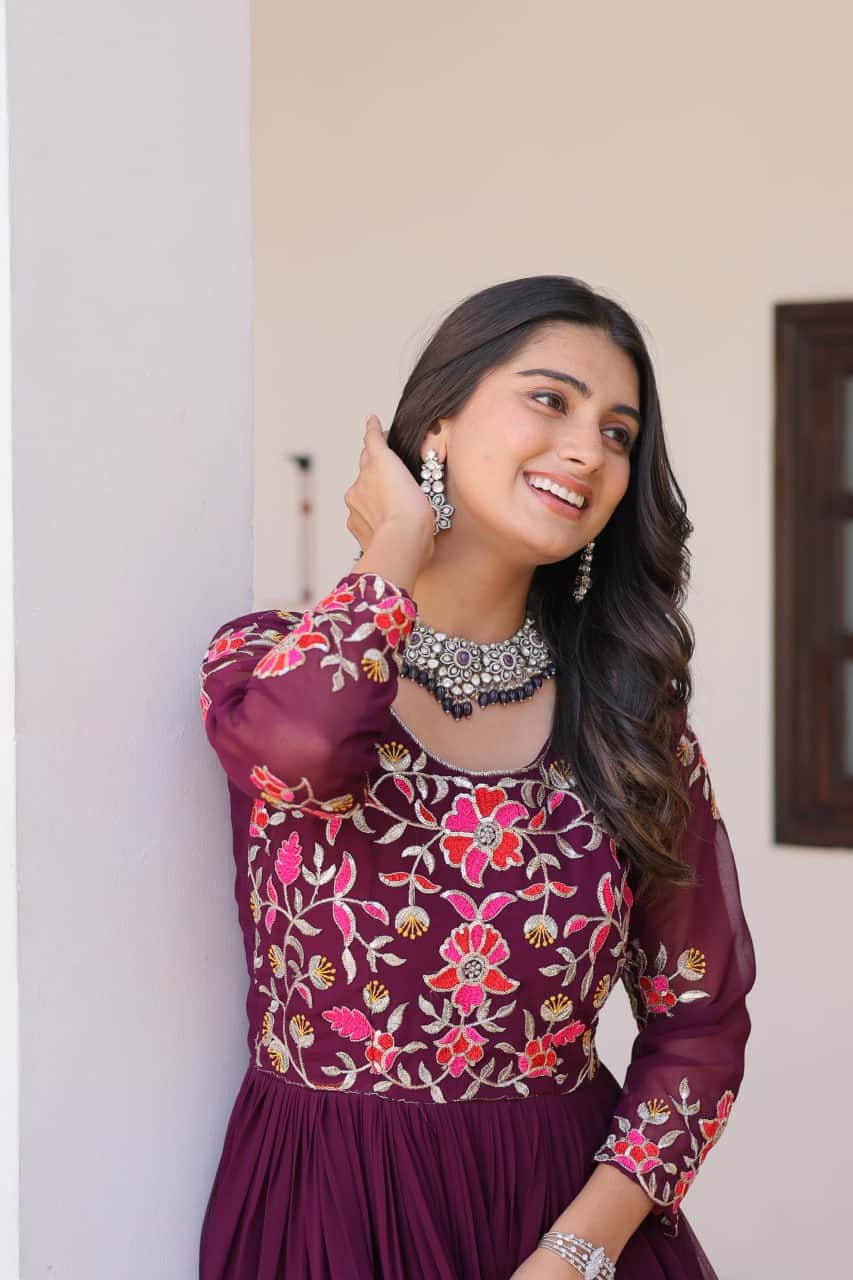 Full flared faux georgette hand embroidered gown