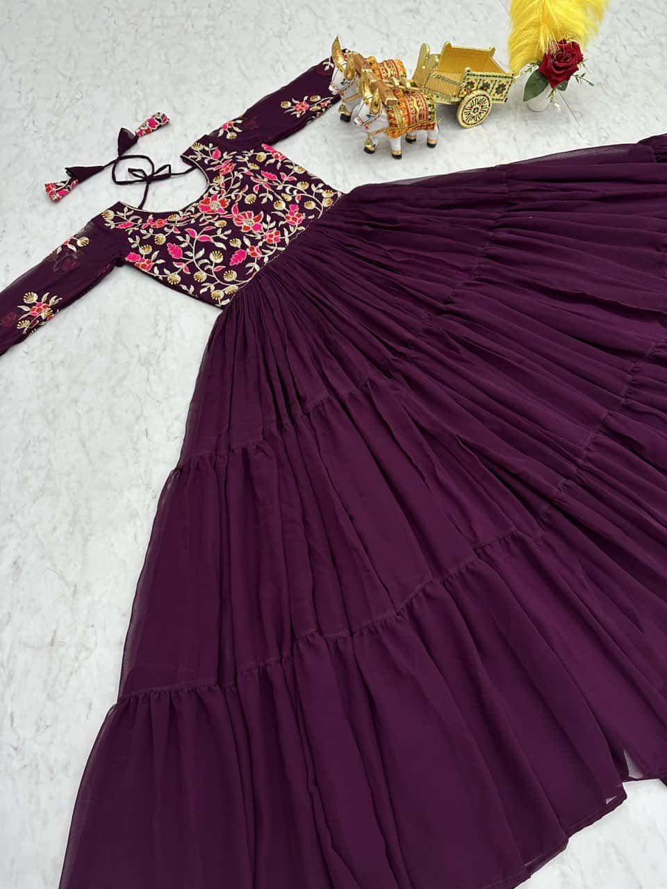Full flared faux georgette hand embroidered gown