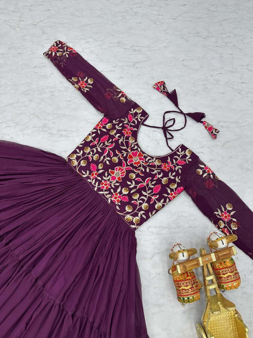 Full flared faux georgette hand embroidered gown