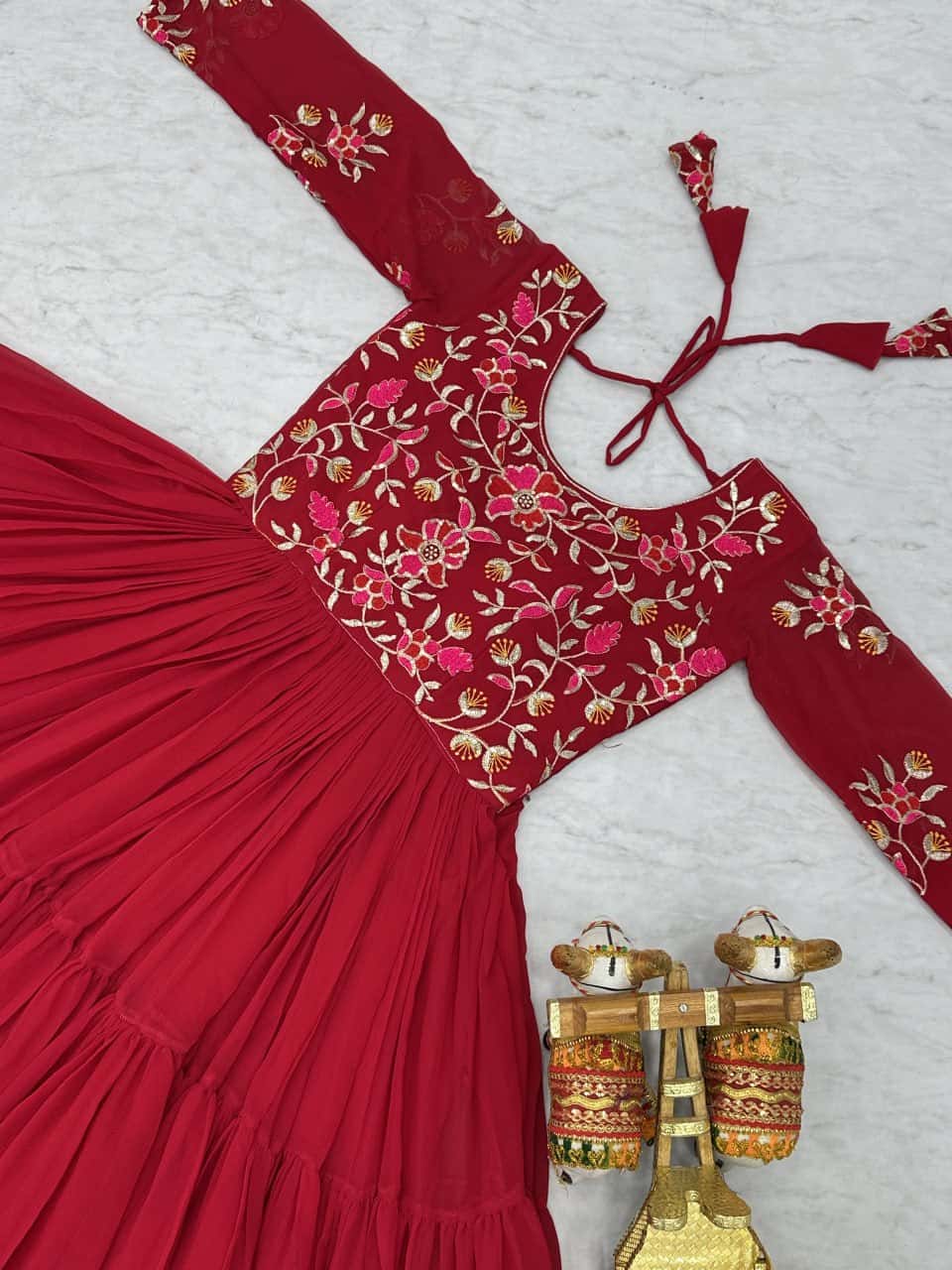 Full flared faux georgette hand embroidered gown