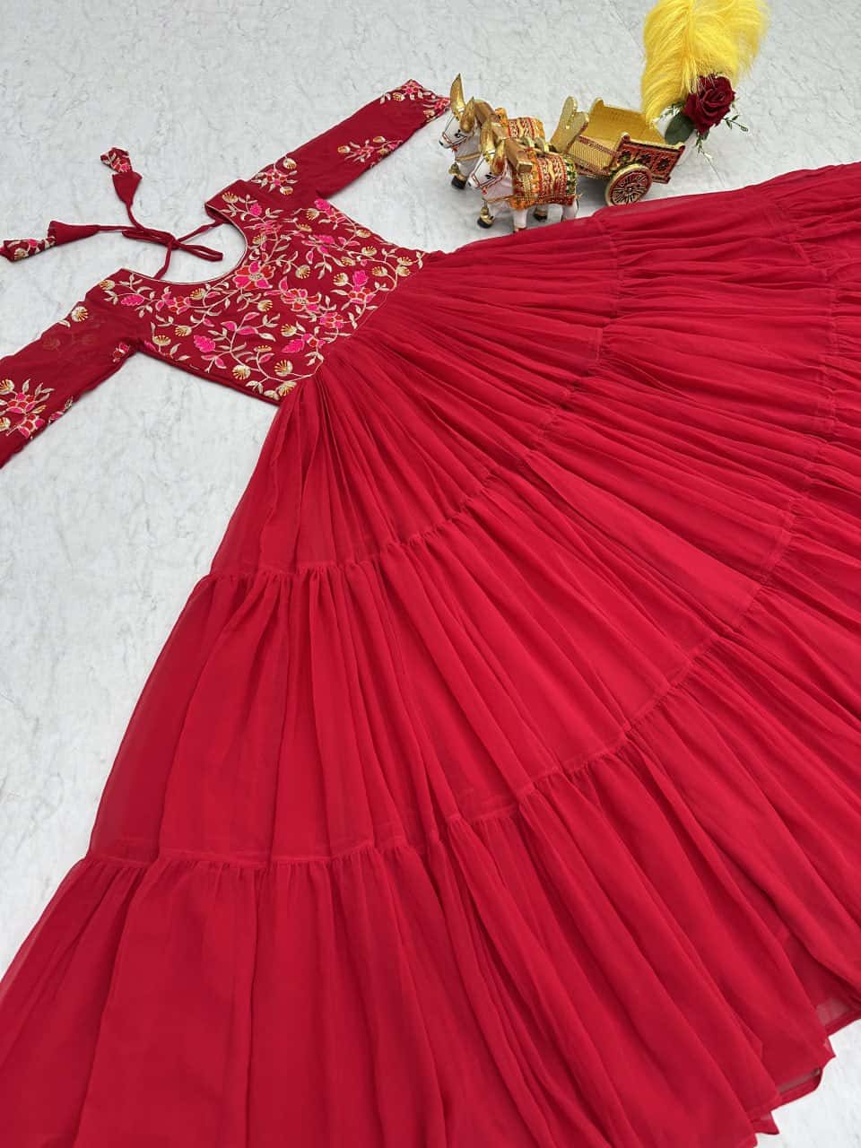 Full flared faux georgette hand embroidered gown