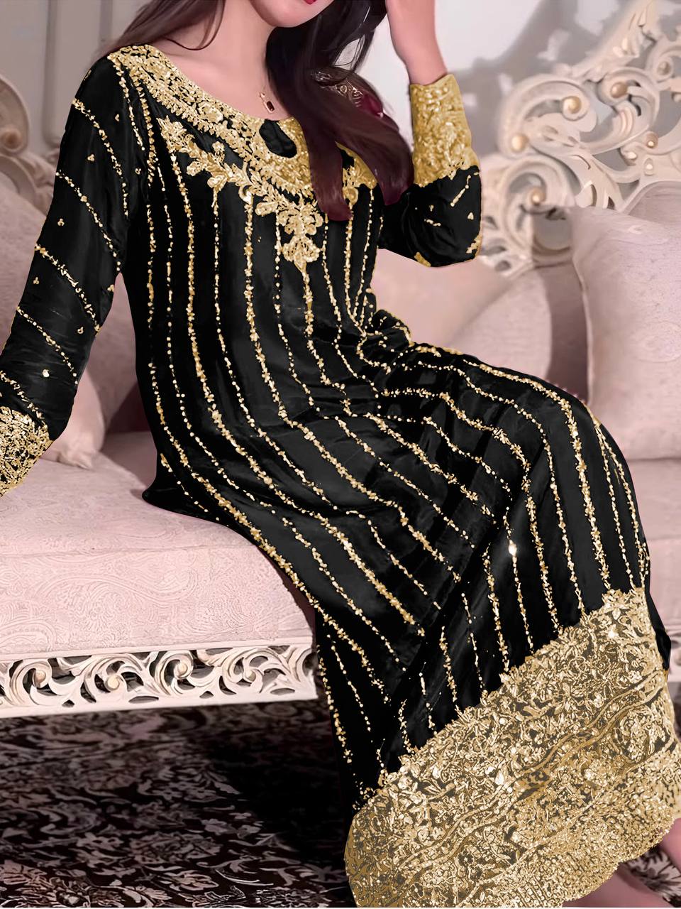Elegant Embroidered Chinon Silk Suit Set