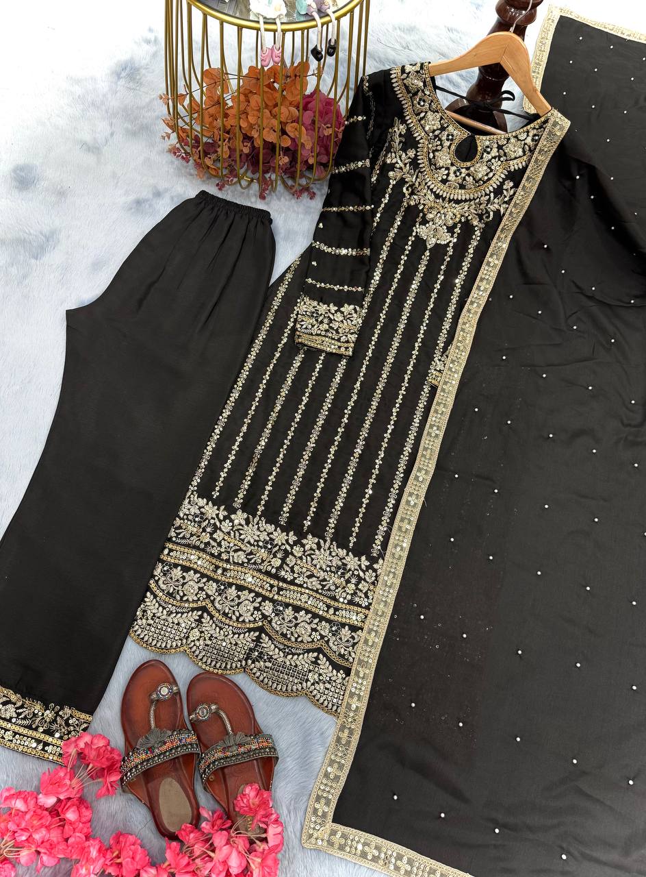 Elegant Embroidered Chinon Silk Suit Set