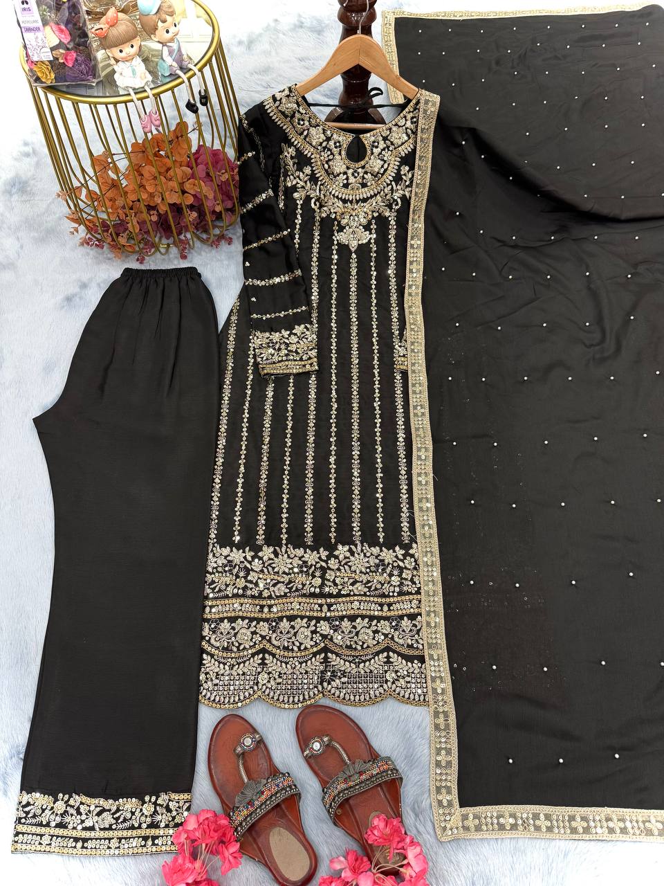 Elegant Embroidered Chinon Silk Suit Set