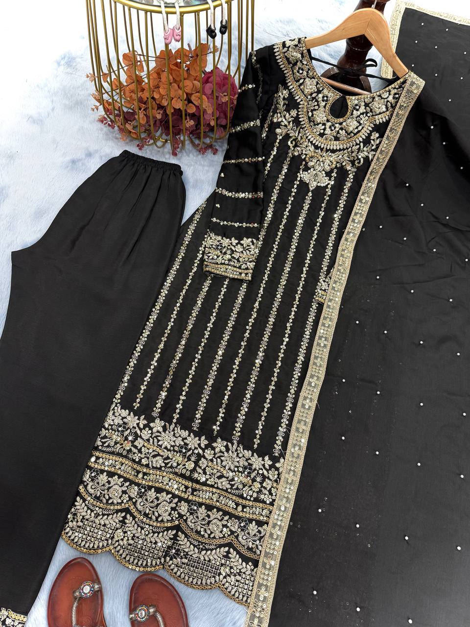 Elegant Embroidered Chinon Silk Suit Set