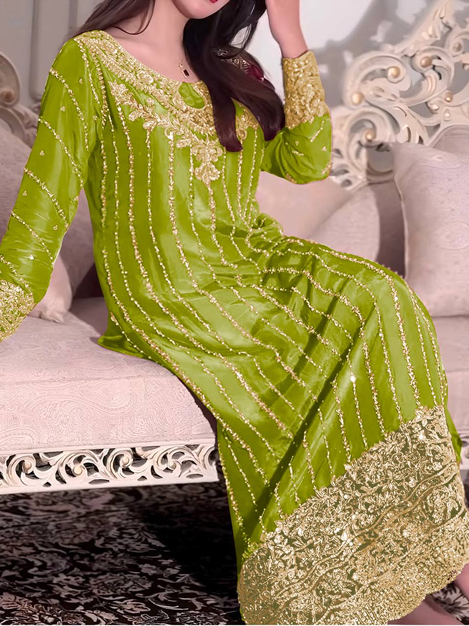Elegant Embroidered Chinon Silk Suit Set