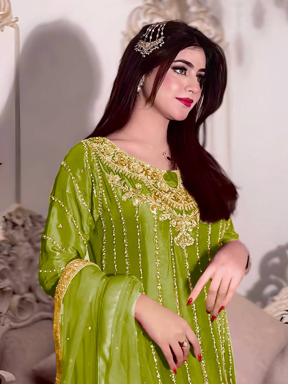 Elegant Embroidered Chinon Silk Suit Set