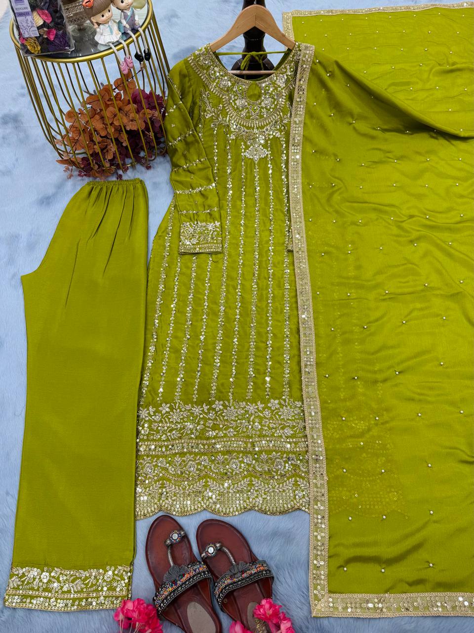 Elegant Embroidered Chinon Silk Suit Set